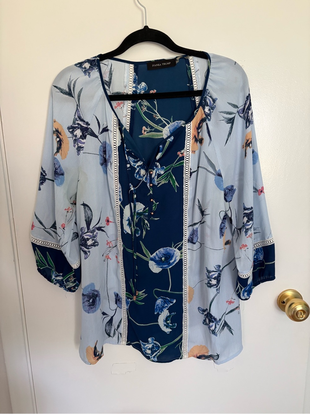 Ivanka Trump Light Blue and Navy Floral Tie-Front Tunic